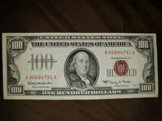 Nearly Uncirculated,  1966 One Hundred Dollar Note,  Red Seal