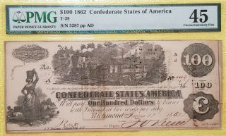 1862 $100 One Hundred Dollars Confederate States Of America Csa Currency Pmg 45