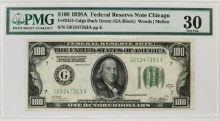 1928 A $100 Federal Reserve Note Chicago Pmg Certified 30 Vf Very Fine (353a)