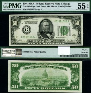 Fr.  2101 G $50 1928 - A Federal Reserve Note Chicago Dgs G - A Block Pmg Au55 Epq