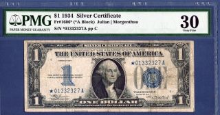 $1 1934 Silver Certificate Funny Back Note A Block Pmg Vf 30 Star 1606