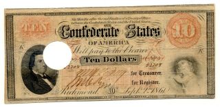 1861 $10 T 24 Confederate Banknote,  Uncommon Type And Historical