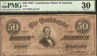 1864 $50 Dollar Bill Confederate States Note Civil War Paper Money T - 66 Pmg 30