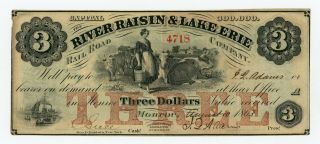 1863 $3 The River Raisin & Lake Erie Rail Road Co.  - Monroe,  Michigan Note