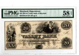 1855 - 56 $20 Hagerstown,  Md Valley Bank Of Maryland Md245 - G10 Pmg58 Epq 19 - C214