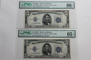 (2) Fr 1653w 1934 - C $5 Silver Certificates (la) Block Sequential Serial 69a - 70a