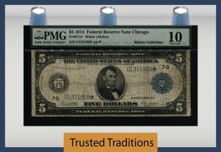 Tt Fr 871a 1914 $5 Federal Reserve Note Chicago Star Blue Seal Pmg 10 Very Good