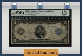 Tt Fr 870 1914 $5 Federal Reserve Note Chicago Star Blue Seal Pmg 12 Fine