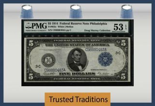 Tt Fr 855c 1914 $5 Federal Reserve Note Philadelphia Blue Seal Pmg 53 Epq Au