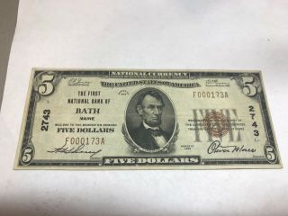 Bath Maine : The First National Bank $5 1929 Vf - Xf