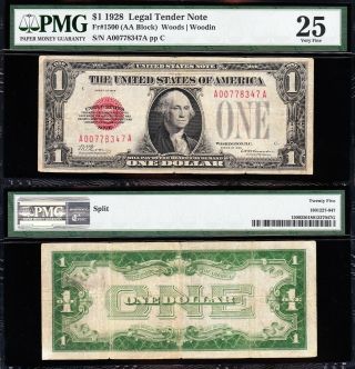 Scarce Bold & Crisp Vf 1928 $1 Red Seal Us Note Pmg 25 A00778347a