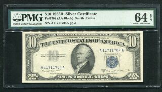 Fr.  1708 1953 - B $10 Ten Dollars Silver Certificate Pmg Choice Uncirculated - 64epq