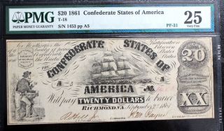 T18 1861 $20 Csa Confederate States Of America Note,  Pmg 25 Very Fine Pf - 31 R (7)
