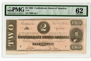 1864 $2 Confederate States Of America T - 70 Note Pmg 62 Civil War Note