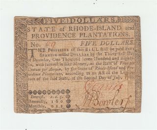 Rhode Island 1780 Colonial Currency $5 Note / Continental Us Usa Providence Bill