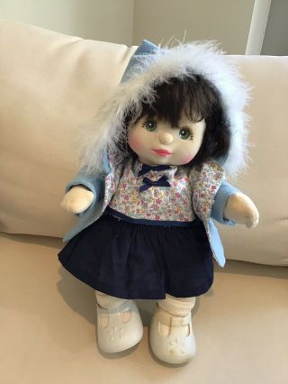 My Child Doll Girl Green Eyes Brown Hair Mattel 1985 Blue Cape Skirt Nappy Shoes