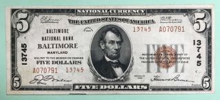 1929 $5.  T2 Baltimore National Bank Baltimore Maryland Md Charter 13745