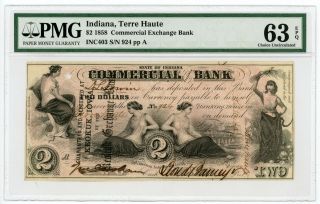 1858 $2 Commercial Exchange Bank - Indiana Note (ormsby Printed) Pmg 63 Epq