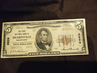 1929 Type I $5 The First National Bank Of Sharpsville Pennsylvania - Ch 6829