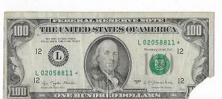 1977 Star Note $100 One Hundred Dollar Bill Low Serial Number,  L02058811 Torn