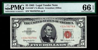 Gem 1963 $5 Red Seal Legal Tender Star Note • Pmg 66 Epq • Fr.  1536