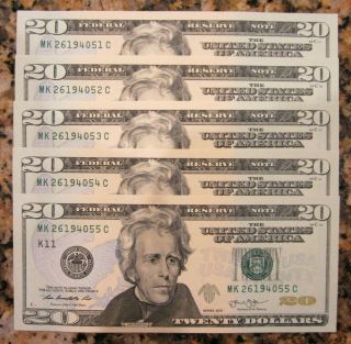 Collectible $100 Uncirculated Twenty (20) Dollar Bills In Sequential Order