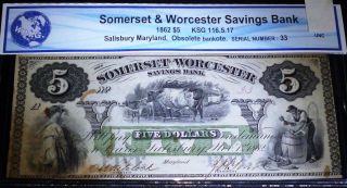 Salisbury,  Maryland.  Somerset And Worcester Savings Bank $5 1862