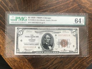 1929 $5 National Currency Federal Reserve Chicago Pmg 64 Epq Fr 1850 - G Ch Unc
