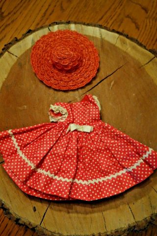 Vintage Madame Alexander Cissette Tagged Dress.  Red Polka Dots & Hat