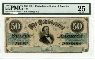 1861 $50 Confederate Currency T - 16 Pmg Very Fine 25