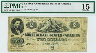 1862 Confederate States Of America $2 Richmond Virginia Note Pmg Choice Fine 15