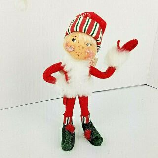 Annalee 2005 Red Christmas Candy Cane Elf 9” Tall Pom Pom Green Shoes Posable