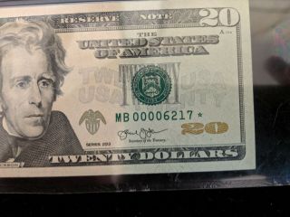 Star Note Low Serial Number $20 Dollar Bill Mb 00006217