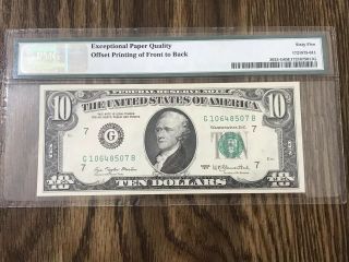 1977 $10 Federal Reserve Note Chicago Offset Printing Error Fr 2023 - G Pmg 65 Epq