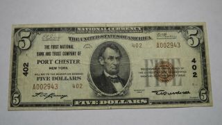 $5 1929 Port Chester York Ny National Currency Bank Note Bill Ch.  402 Vf,