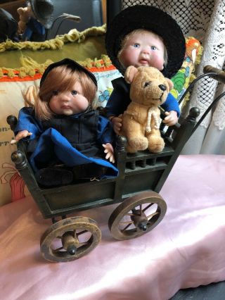 Ooak Art Doll - Girl And Boy Amish Polymer Clay In Wood Carriage Dog