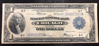 1918 $1 Federal Reserve Bank One Dollar Chicago Ill National Currency Note