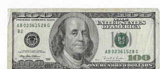 1996 $100 One Hundred Dollar Bill Low Serial Number,  Ab02361528g Circulated