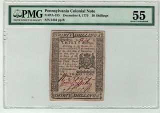 30 Shillings Colonial Note Pennsylvania Dec.  8 1775 Pmg 55 About Uncirculated