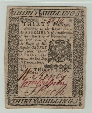 30 Shillings Colonial Note Pennsylvania Dec.  8 1775 PMG 55 About Uncirculated 2