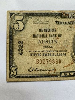Series 1929 National Currency $5 National Bank of Austin Texas B 027986 A 2
