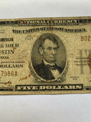 Series 1929 National Currency $5 National Bank of Austin Texas B 027986 A 3
