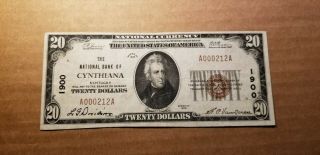 $20 1929 The National Bank Of Cynthiana Ky Ch 1900 Serial A000212a Ch - Vf