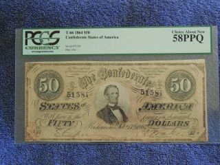 T - 66 1864 $50 Confederate Currency Pcgs 58 Ppq Jefferson Davis
