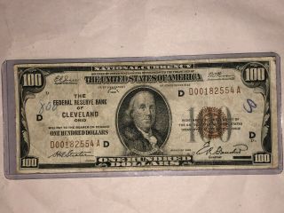 1929 $100 Federal Reserve Bank Cleveland One Hundred Dollar Bill Slight Errors