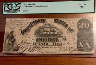 T - 18 1861 $20 Csa Confederate States Of America Note,  Pcgs 20very Fine Plate C