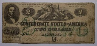 1862 Confederate States Of America $2 Banknote T - 43 Very Good Judah P Benjamin