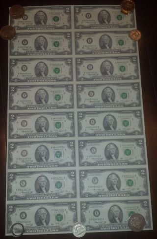 1976 $2 16 Note Uncut Sheet X 16 Usa 2 Dollars Uncirculated $2 Bicentennial 1976
