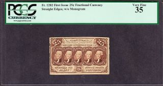 Us 25c Fractional Currency Note W/o Monogram Fr 1282 Pcgs 35 Ch Vf