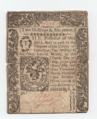 May 10,  1775 2 Shillings,  6 Pence Connecticut Colonial Currency Note Fr Ct179